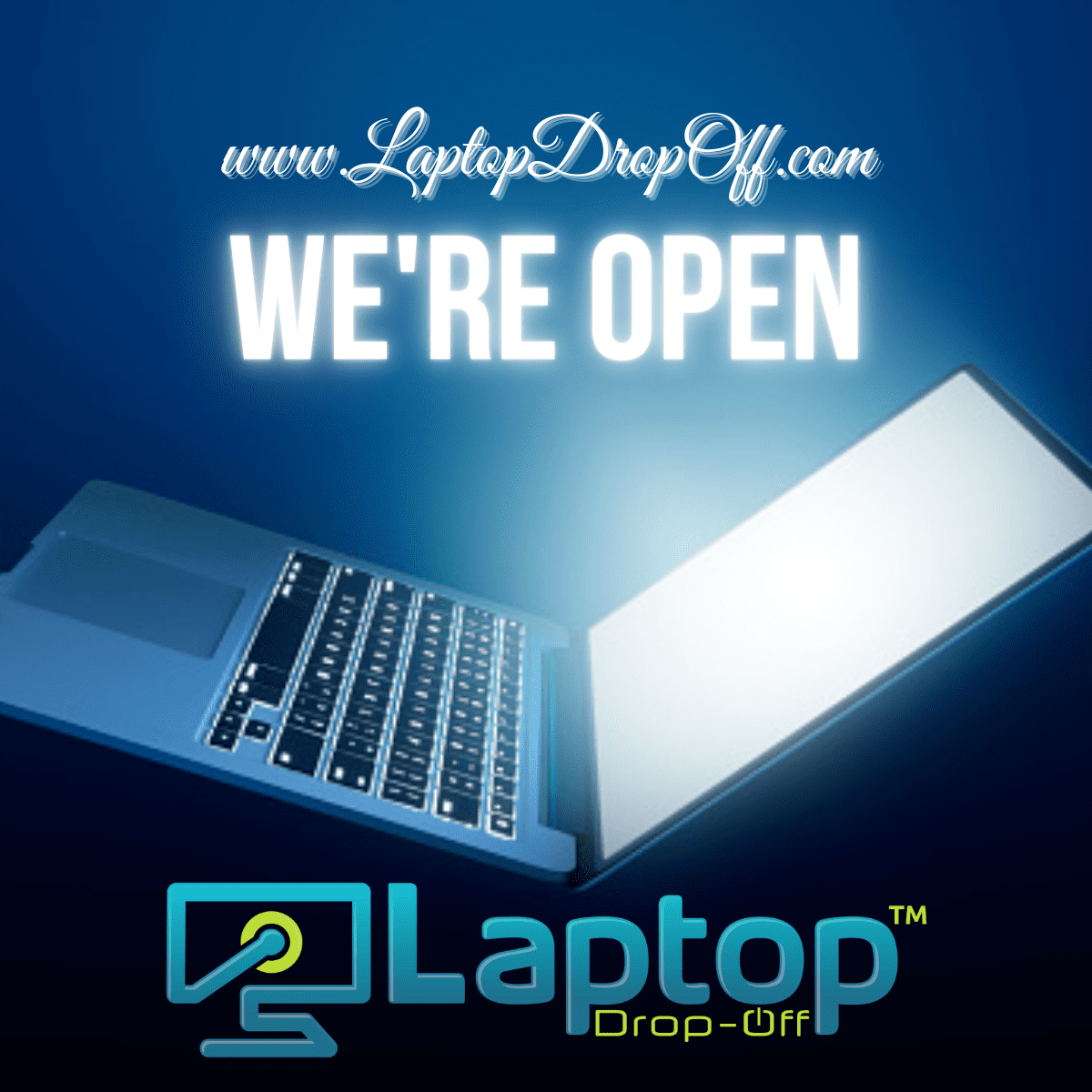 email campaign showing a glowing laptop saying the store is open